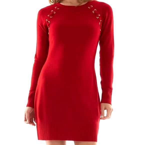 NWT Bodycon Sweater Dress Small by BCX Red Long Sleeve Lace-Up Shoulder Detail - Picture 1 of 7